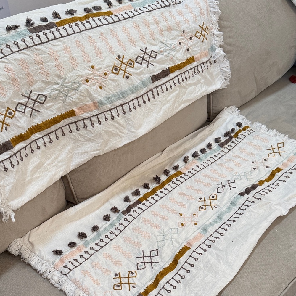 Anthropologie Cream and Brown Embroidered Pillow Covers